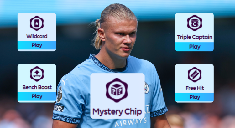 A compilation of images featuring Erling Haaland and the Wildcard, Bench Boost, Triple Captain, Free Hit and Mystery Chip from Fantasy Premier League.