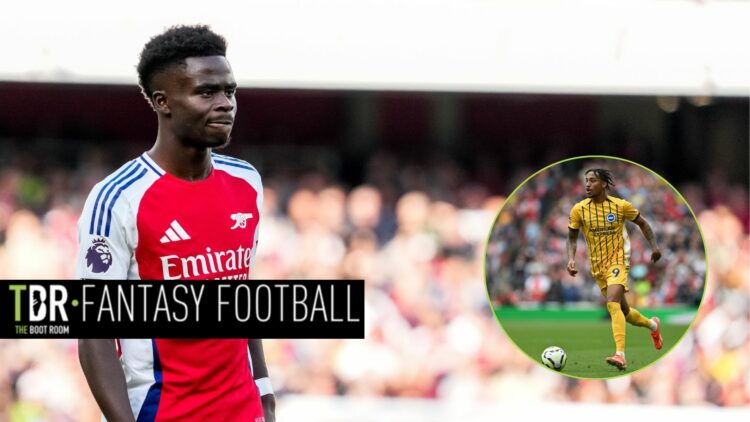 Arsenal winger Bukayo Saka reacts during a Premier League match against Southampton. Inset, Brighton & Hove Albion striker Joao Pedro runs with the...
