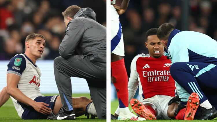 Tottenham Hotspur defender Micky van de Ven (left) receives treatment for a hamstring injury against Manchester City in the Carabao Cup. Arsenal de...